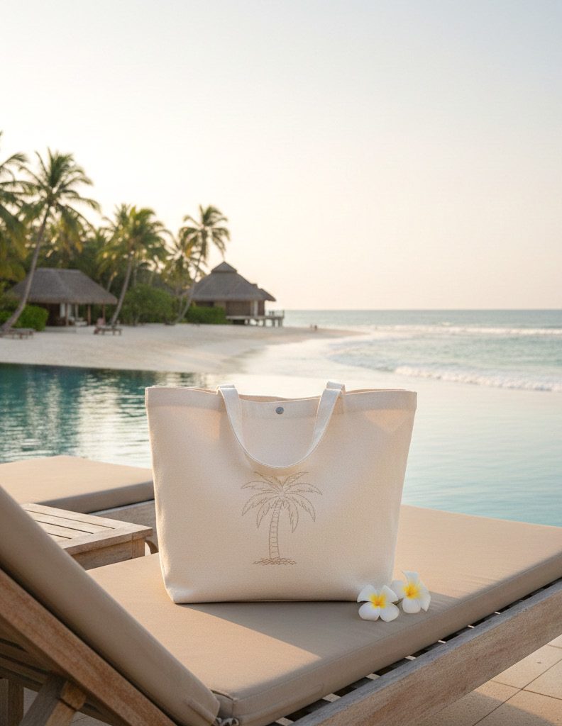 Embroidered canvas resort tote on a poolside lounger at a luxury beach resort