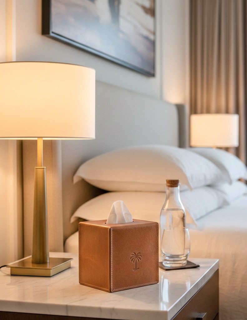 Handcrafted debossed leather valet tray in a luxury hotel suite